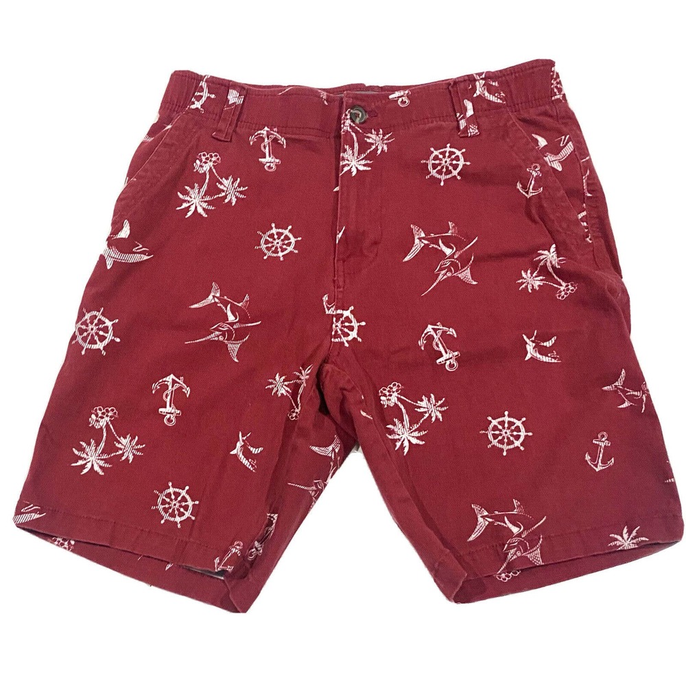 Denali Shorts Mens 30 Red Nautical Beach Print Cotton Stretch 9” inseam